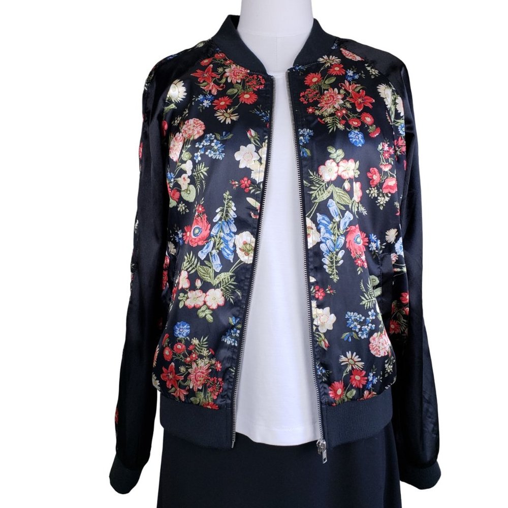 No Boundaries Black Floral Poly Zip Bomber Jacket Size Jr. 11-13 Fits Women M
